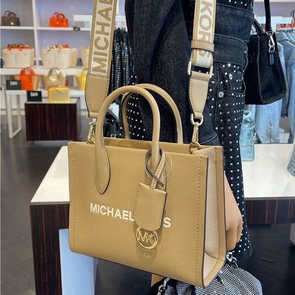 Michael Kors Mirella Small Pebbled Leather Crossbody Top Zip XBODY Bag Camel NWT - Picture 6 of 16